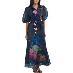 DALIA MACPHEE Puff Sleeve Floral Maxi Dress With 3d Floral Accents